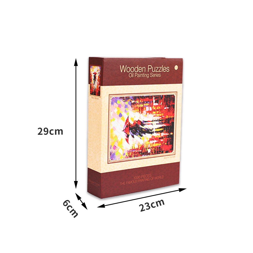 A colorful 1000-piece jigsaw puzzle made of basswood, showcasing a vibrant design with pieces scattered around, highlighting its glow-in-the-dark feature.