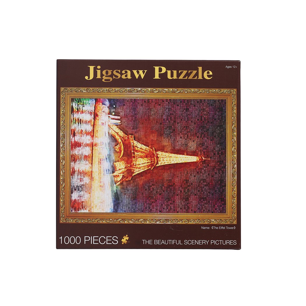 A beautifully designed 1000 piece jigsaw puzzle featuring the Eiffel Tower, showcasing intricate details and vibrant colors.
