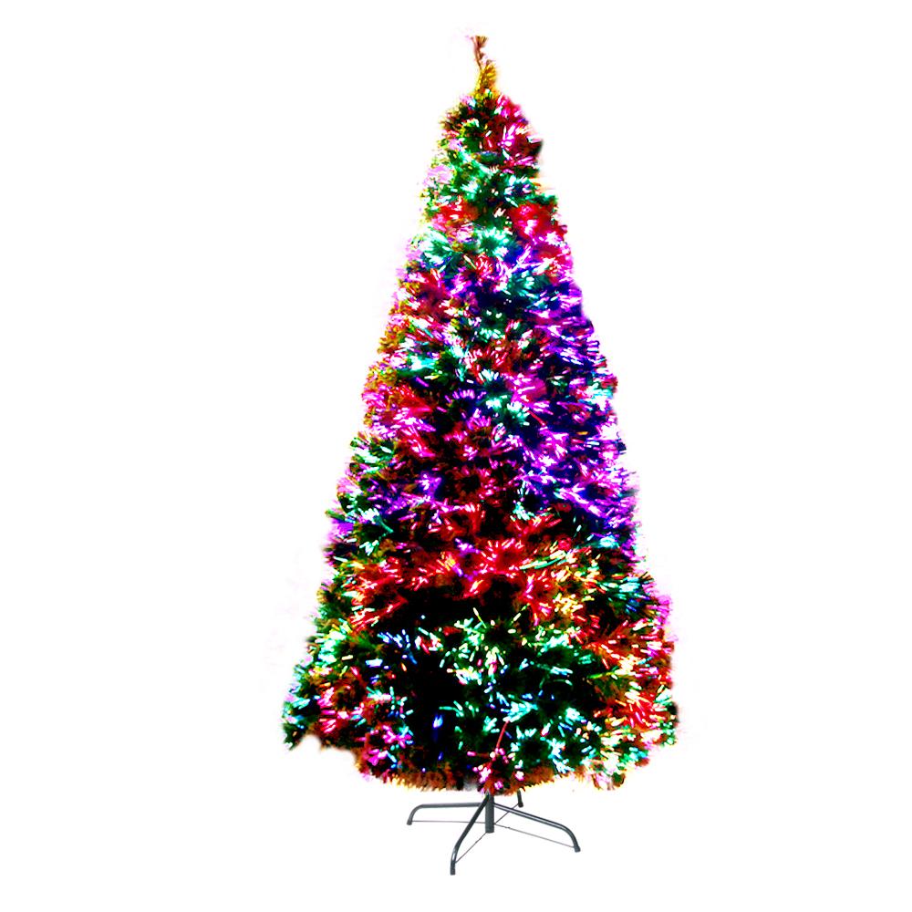 Jingle Jollys 1.8M LED Christmas Tree with vibrant optic fiber lights and lush green foliage, set against a festive backdrop.