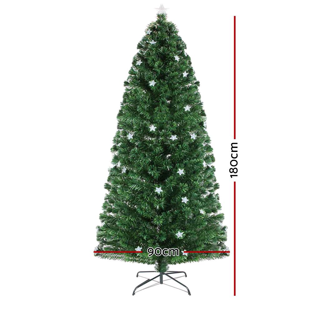 Jingle Jollys 1.8M LED Christmas Tree with colorful optic fiber stars and a bright LED top star, showcasing a lush and realistic design.