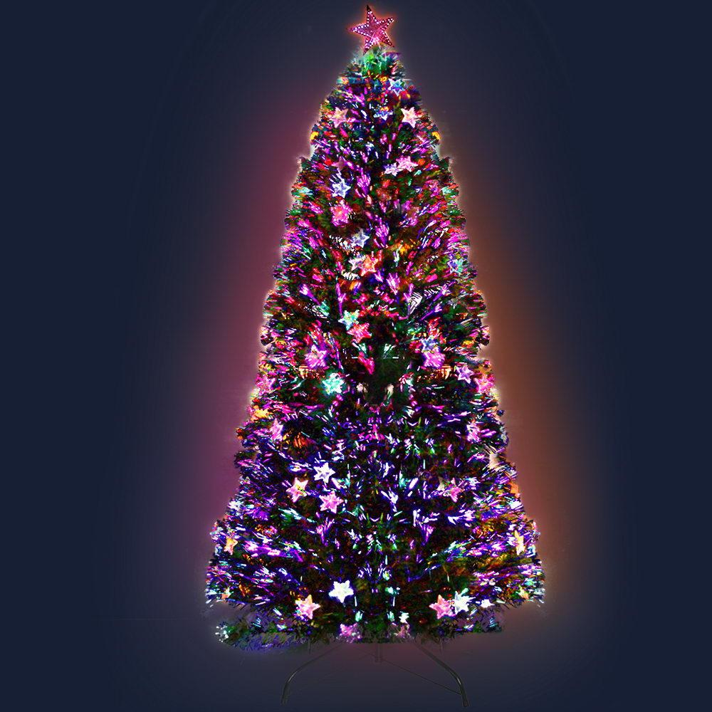 Jingle Jollys 2.4M LED Christmas Tree with optic fiber lights and a color-changing LED star on top, showcasing a lush and realistic appearance.