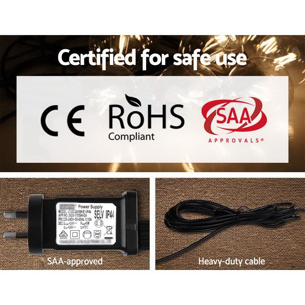 Jingle Jollys 50m LED Festoon String Lights with 50 bulbs, perfect for weddings and outdoor events, showcasing a warm glow.