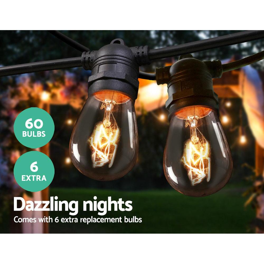 Jingle Jollys 56m Festoon String Lights with warm glowing bulbs, perfect for outdoor and indoor celebrations.