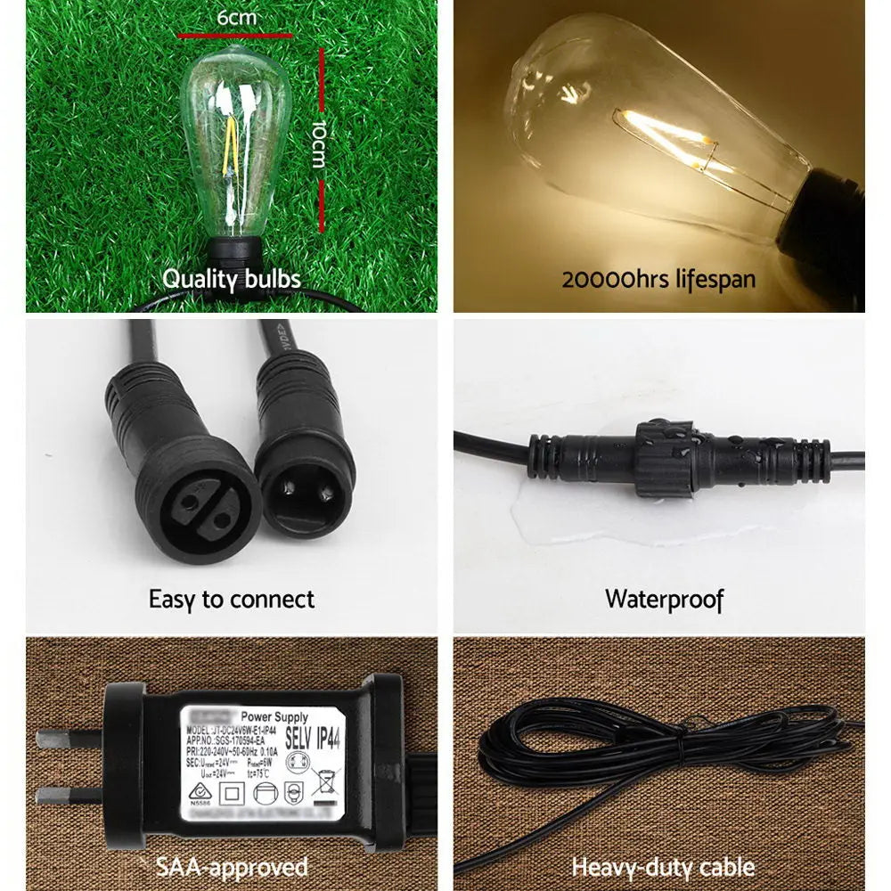 Jingle Jollys 60PCS LED Festoon String Lights illuminating a festive outdoor setting, showcasing their bright glow and elegant design.