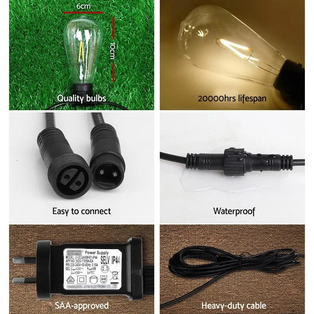 Jingle Jollys 80PCS LED Festoon String Lights displayed outdoors, illuminating a festive setting with a warm glow.