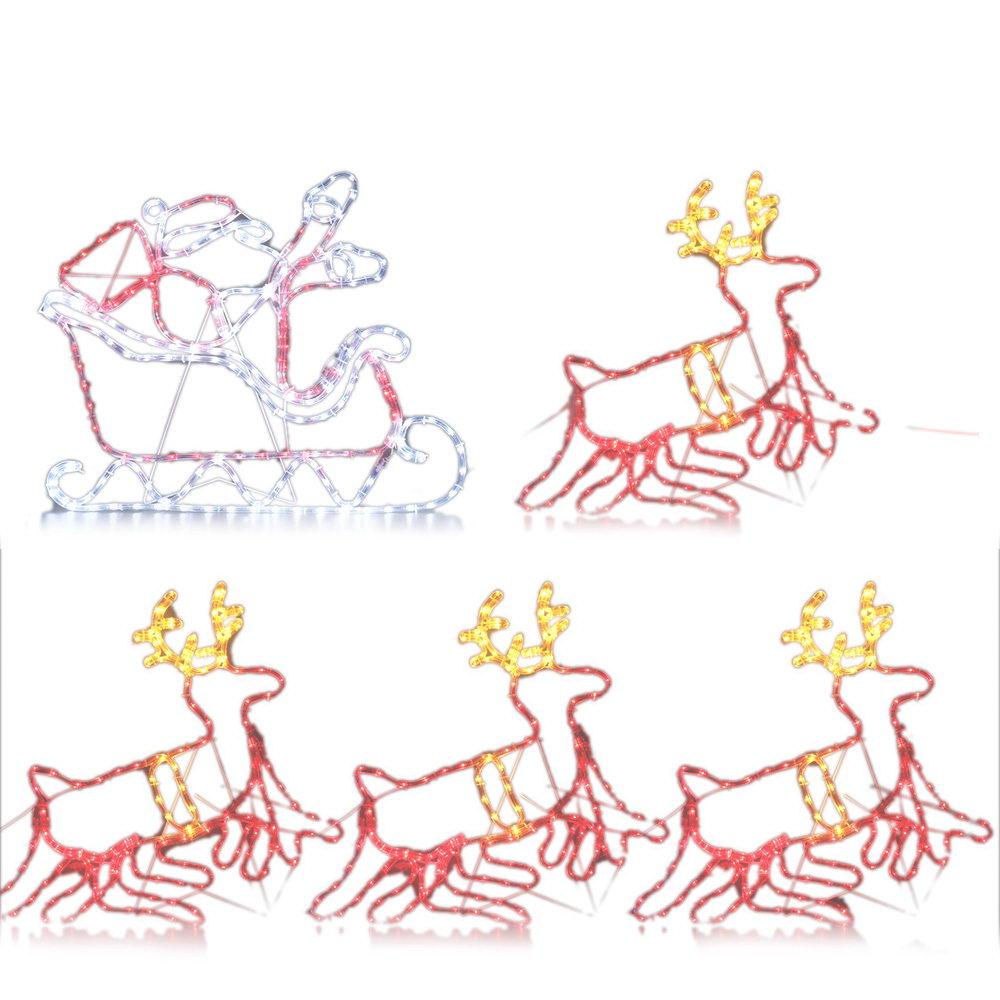 Jingle Jollys LED Rope Reindeer lights in festive display with Santa Claus and reindeer, showcasing bright colors and waterproof design.
