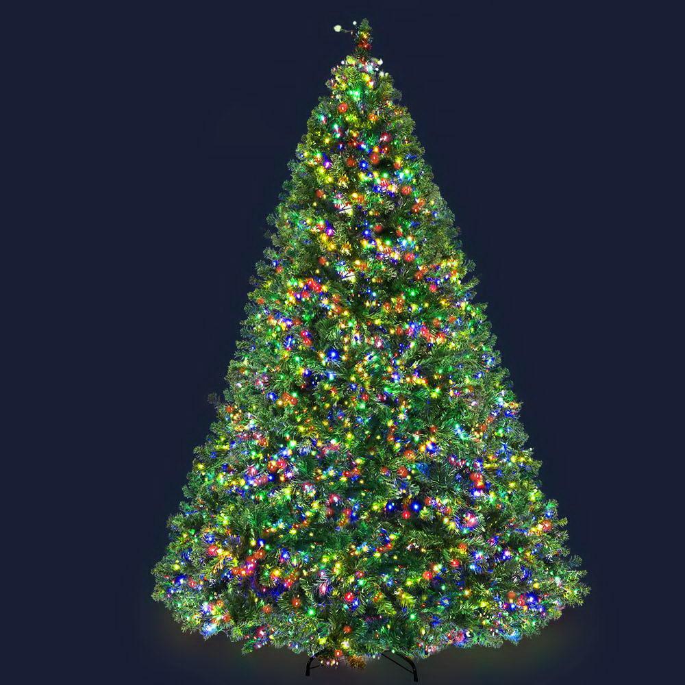 Jingle Jollys 2.4M LED Christmas Tree with multicoloured lights and a sturdy metal stand, beautifully decorated for the festive season.