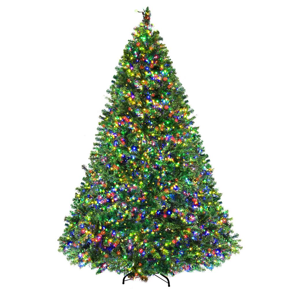 Jingle Jollys 2.4M LED Christmas Tree with multicoloured lights and a sturdy metal stand, beautifully decorated for the festive season.