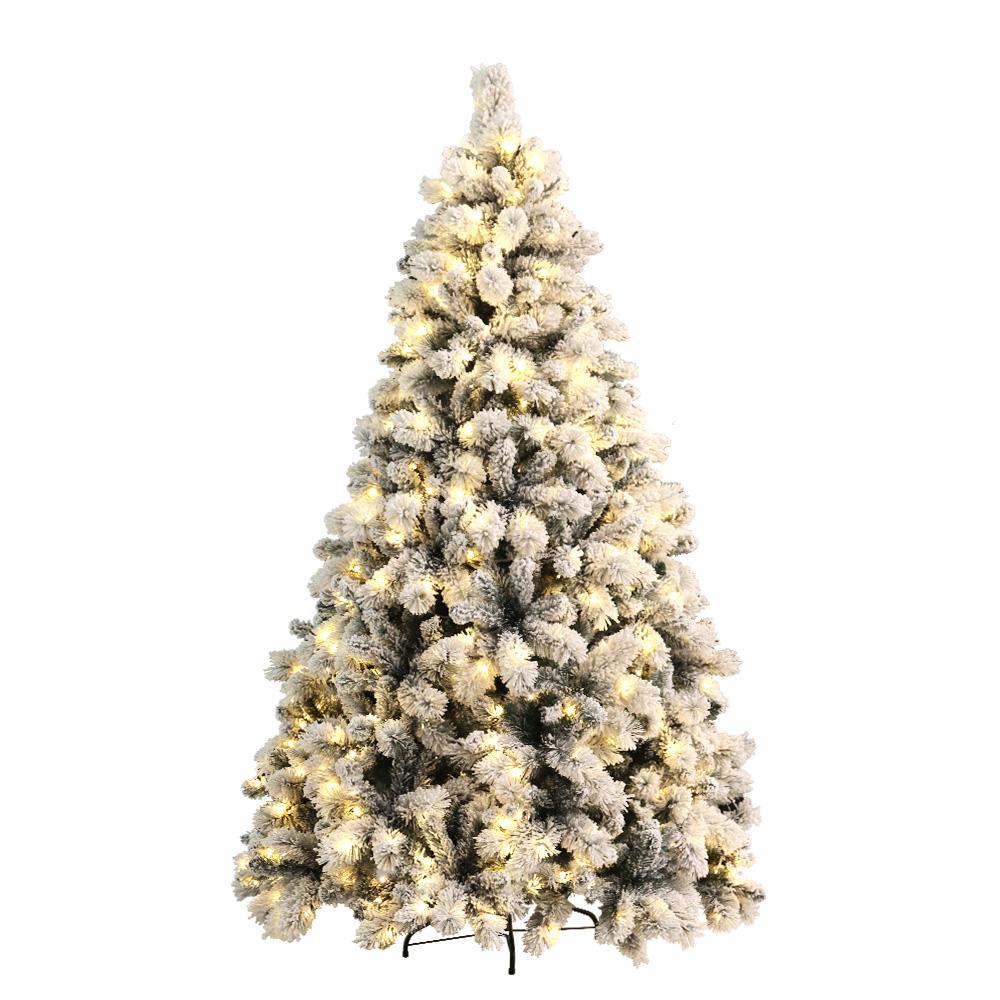 Jingle Jollys Snowy Christmas Tree 2.1M with LED lights, showcasing snow-sprayed tips and a lush, realistic appearance.