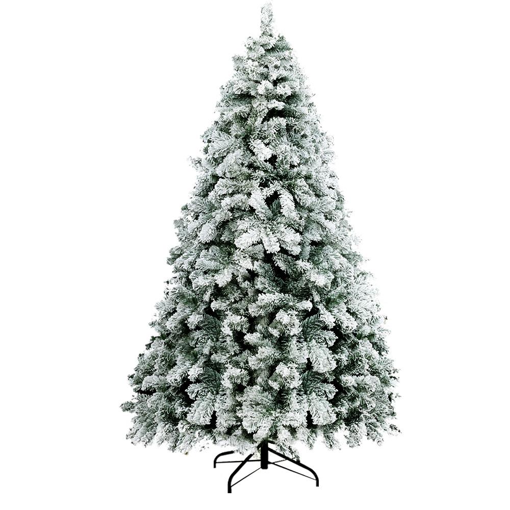 Jingle Jollys Snowy Christmas Tree standing 2.4m tall with snow-sprayed tips, showcasing a lush and realistic appearance.