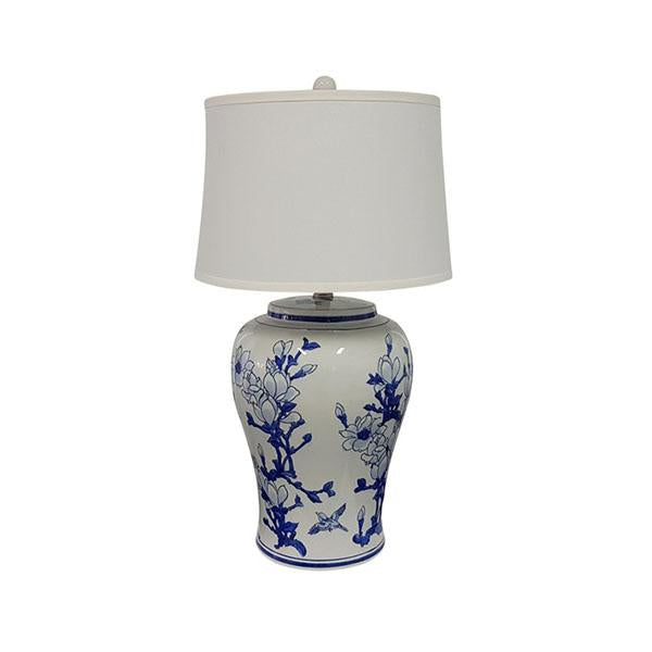 Jonquil Ceramic Table Lamp with blue and white intricate pattern and white tapered shade, standing 68 cm tall.