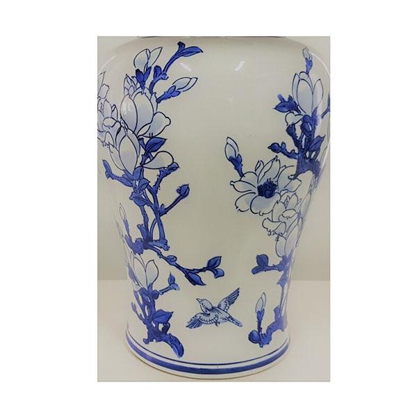 Jonquil Ceramic Table Lamp with blue and white intricate pattern and white tapered shade, standing 68 cm tall.