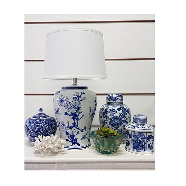 Jonquil Ceramic Table Lamp with blue and white intricate pattern and white tapered shade, standing 68 cm tall.