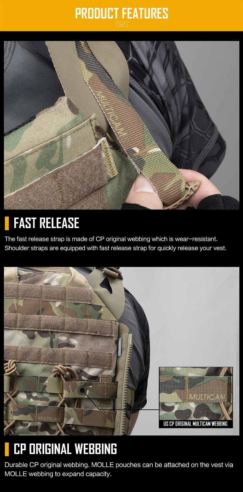JPC 2.0 Tactical Vest in Multicam color, showcasing MOLLE webbing and adjustable straps for a secure fit.
