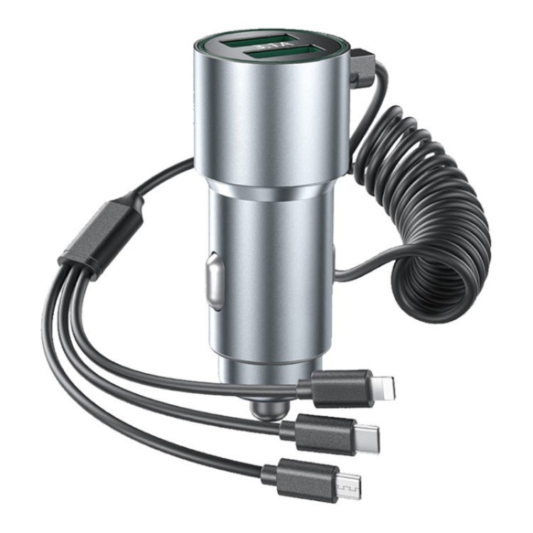 K15 Car Adapter with 3 in 1 stretchable cable and dual USB ports, designed for quick charging in vehicles.