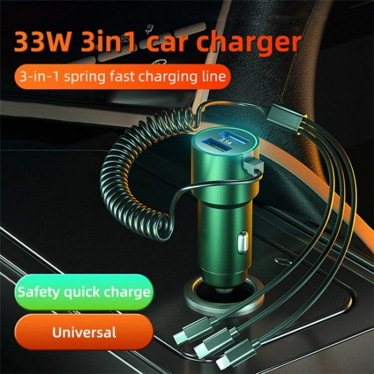 K15 Car Adapter with 3 in 1 stretchable cable and dual USB ports, designed for quick charging in vehicles.