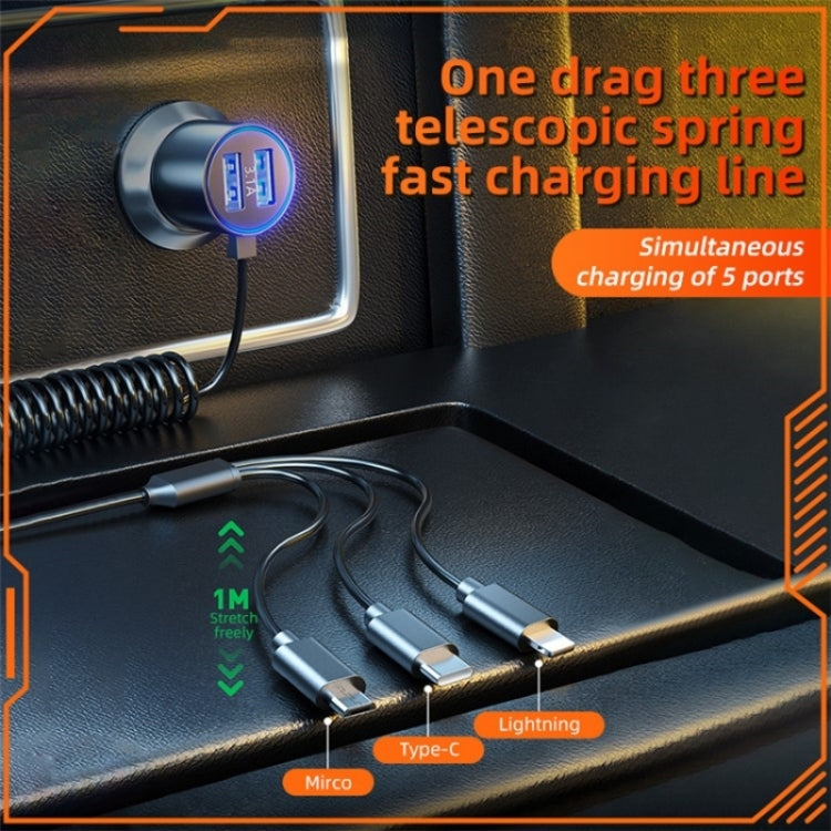 K15 Car Adapter with 3 in 1 stretchable cable and dual USB ports, designed for quick charging in vehicles.