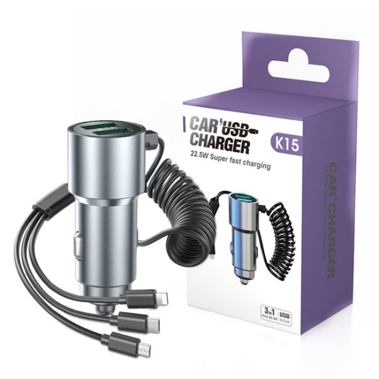 K15 Car Adapter with 3 in 1 stretchable cable and dual USB ports, designed for quick charging in vehicles.