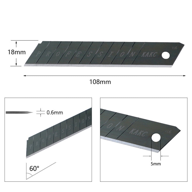 KAKC-18 Black Blade Cutter Blade, 18mm utility blade made from SK5 high carbon steel, showcasing its sharp edge and sleek black design.
