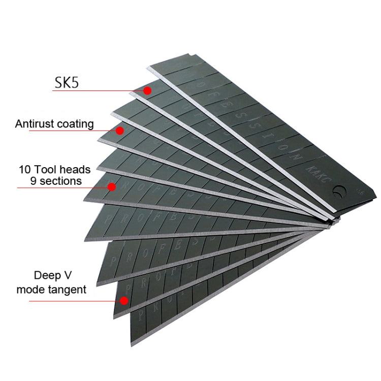 KAKC-18 Black Blade Cutter Blade, 18mm utility blade made from SK5 high carbon steel, showcasing its sharp edge and sleek black design.