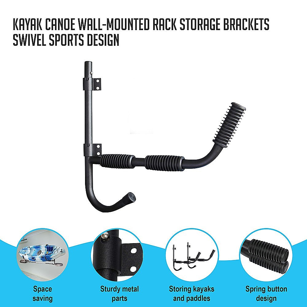 Kayak Canoe Wall-Mounted Rack with sturdy metal construction and swivel design for space-saving storage.