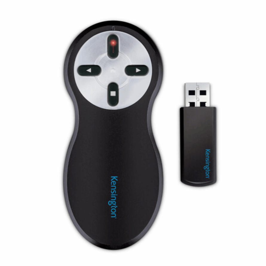 Kensington Wireless Presenter with Red Laser featuring ergonomic design and four buttons for easy navigation.