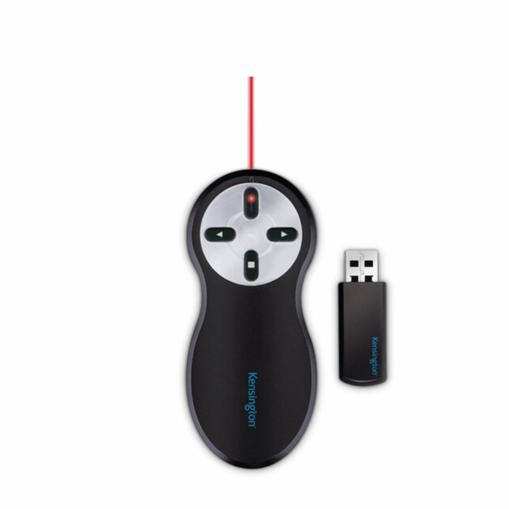 Kensington Wireless Presenter with Red Laser featuring ergonomic design and four buttons for easy navigation.
