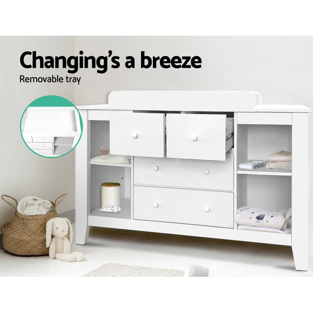 Keezi Baby Change Table with tall boy drawers and open shelves, featuring a white finish and removable changing platform.
