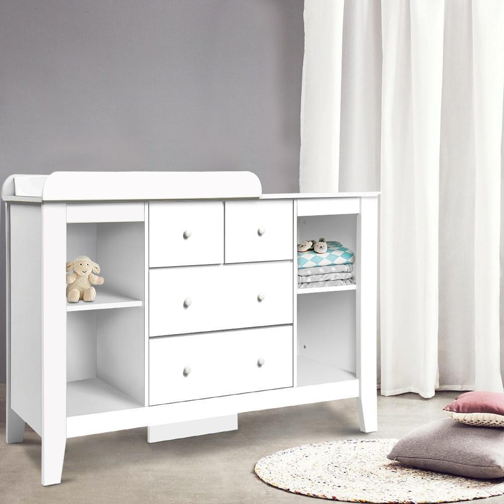 Keezi Baby Change Table with tall boy drawers and open shelves, featuring a white finish and removable changing platform.