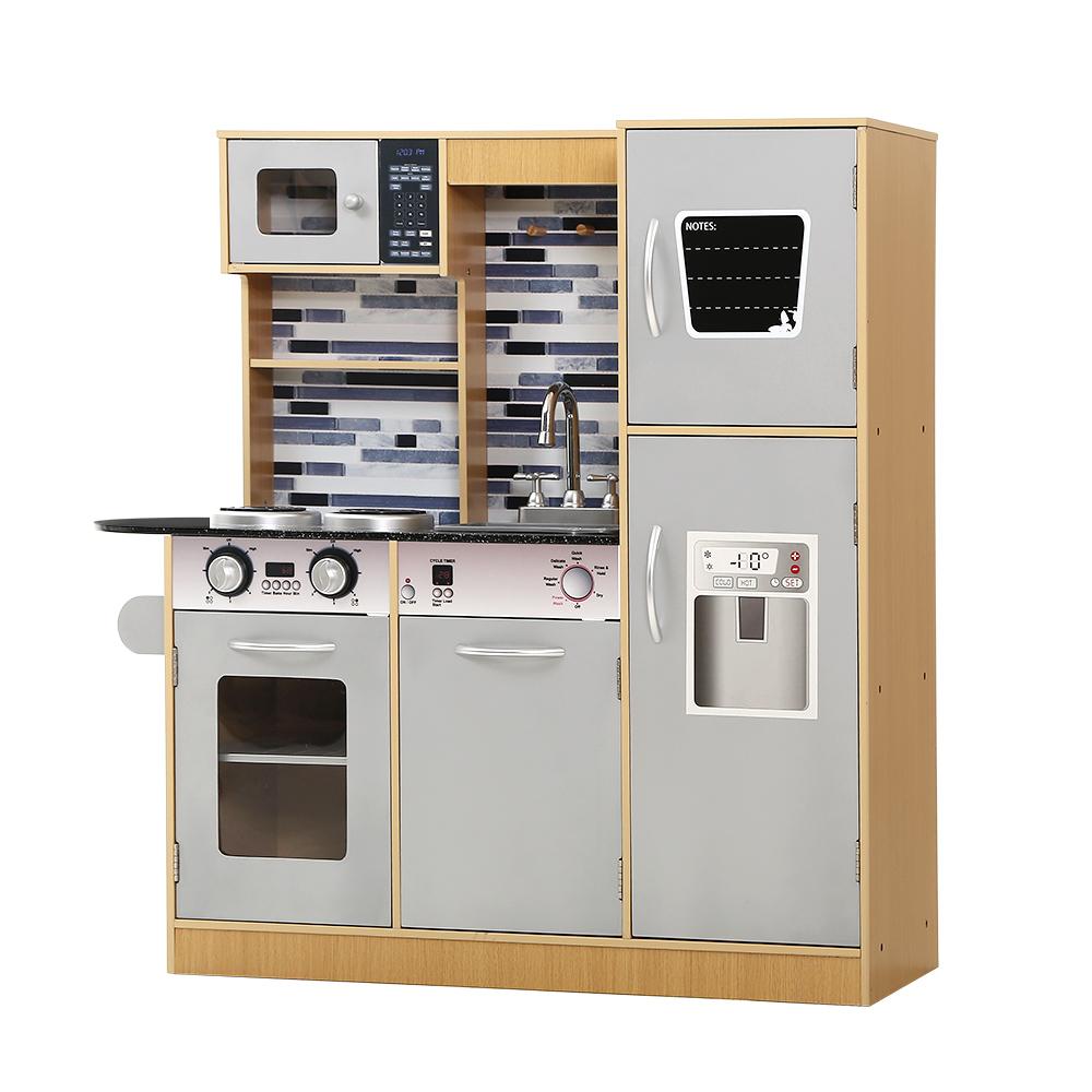 Keezi Kids Kitchen Wooden Pretend Play Set featuring a realistic kitchen design with various appliances and utensils for children.