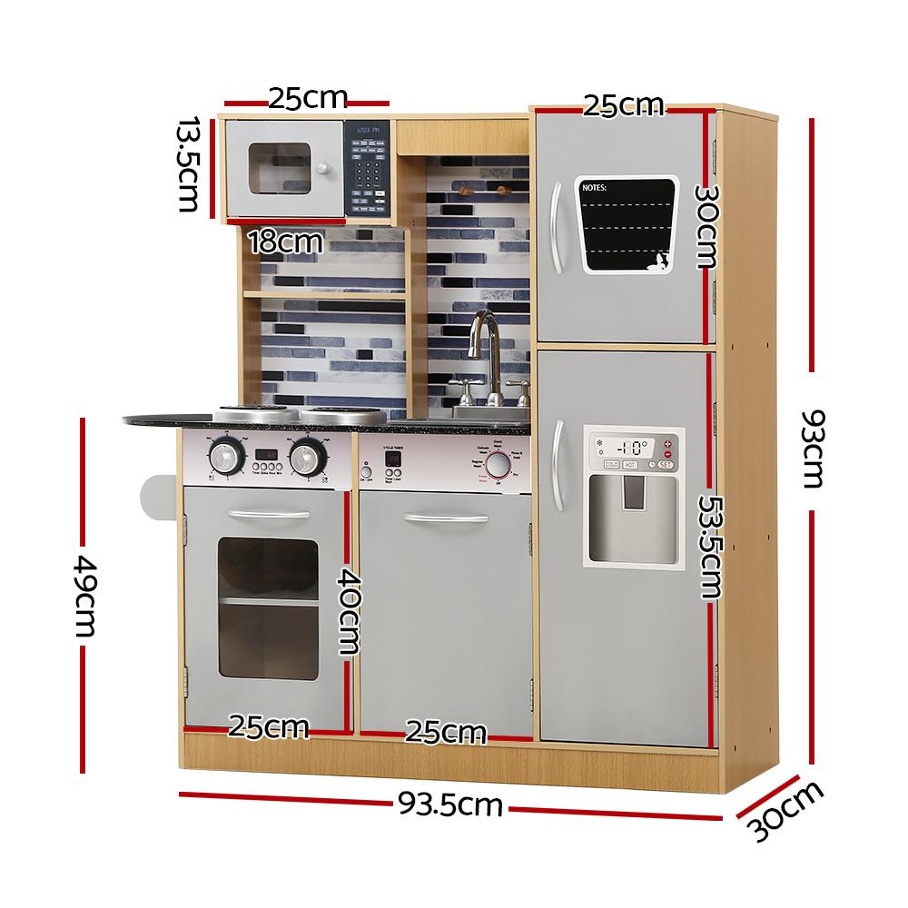 Keezi Kids Kitchen Wooden Pretend Play Set featuring a realistic kitchen design with various appliances and utensils for children.