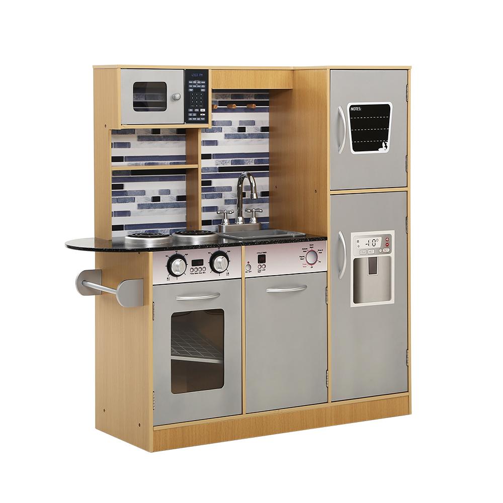 Keezi Kids Kitchen Wooden Pretend Play Set featuring a realistic kitchen design with various appliances and utensils for children.