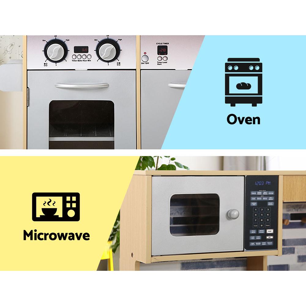 Keezi Kids Kitchen Wooden Pretend Play Set featuring a realistic kitchen design with various appliances and utensils for children.