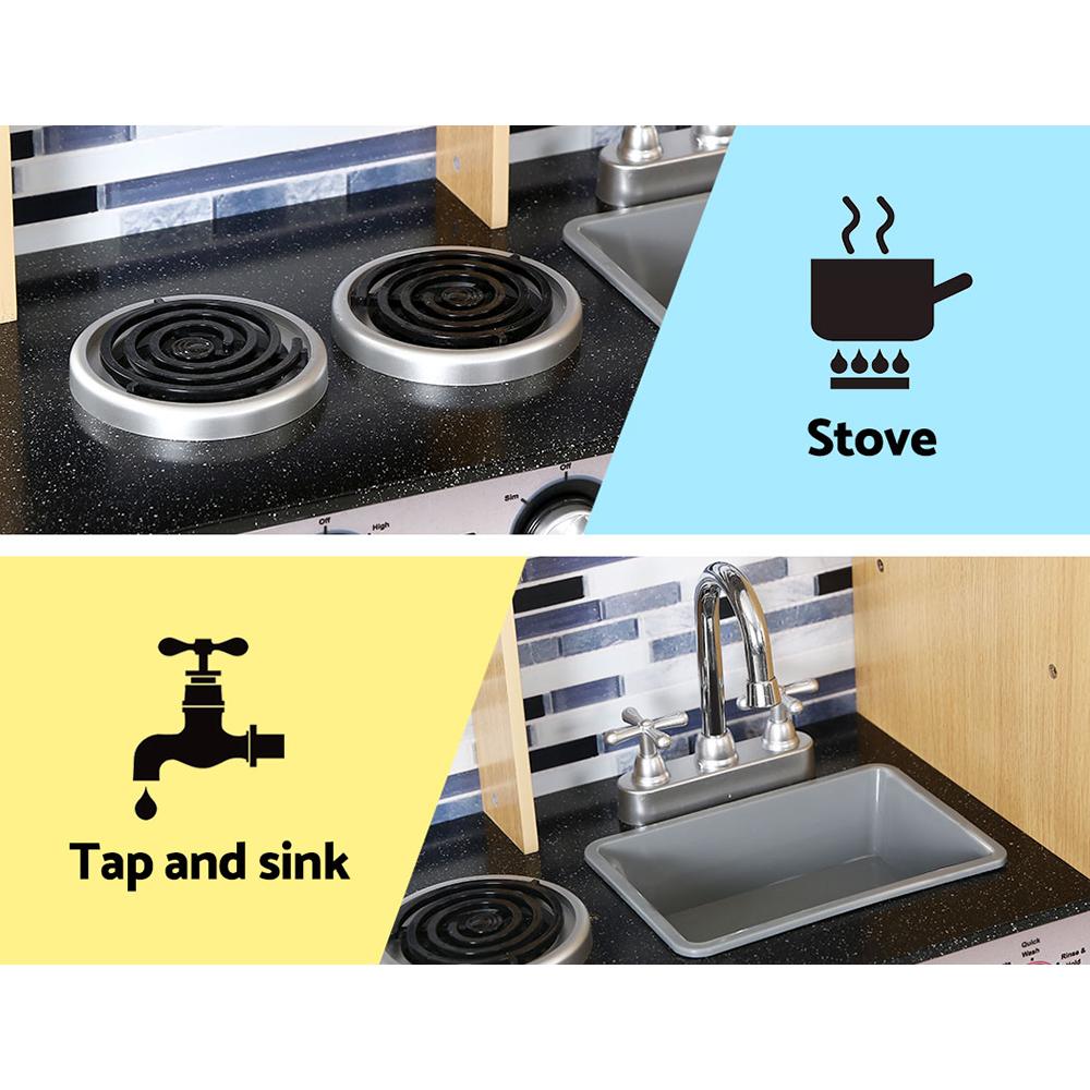 Keezi Kids Kitchen Wooden Pretend Play Set featuring a realistic kitchen design with various appliances and utensils for children.