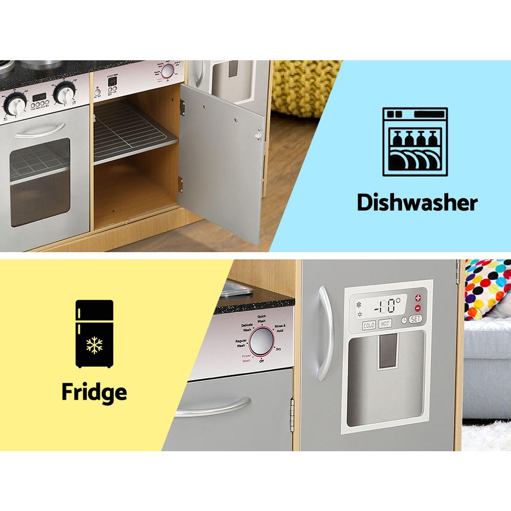 Keezi Kids Kitchen Wooden Pretend Play Set featuring a realistic kitchen design with various appliances and utensils for children.