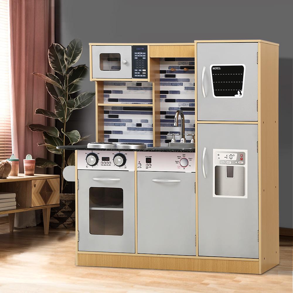 Keezi Kids Kitchen Wooden Pretend Play Set featuring a realistic kitchen design with various appliances and utensils for children.