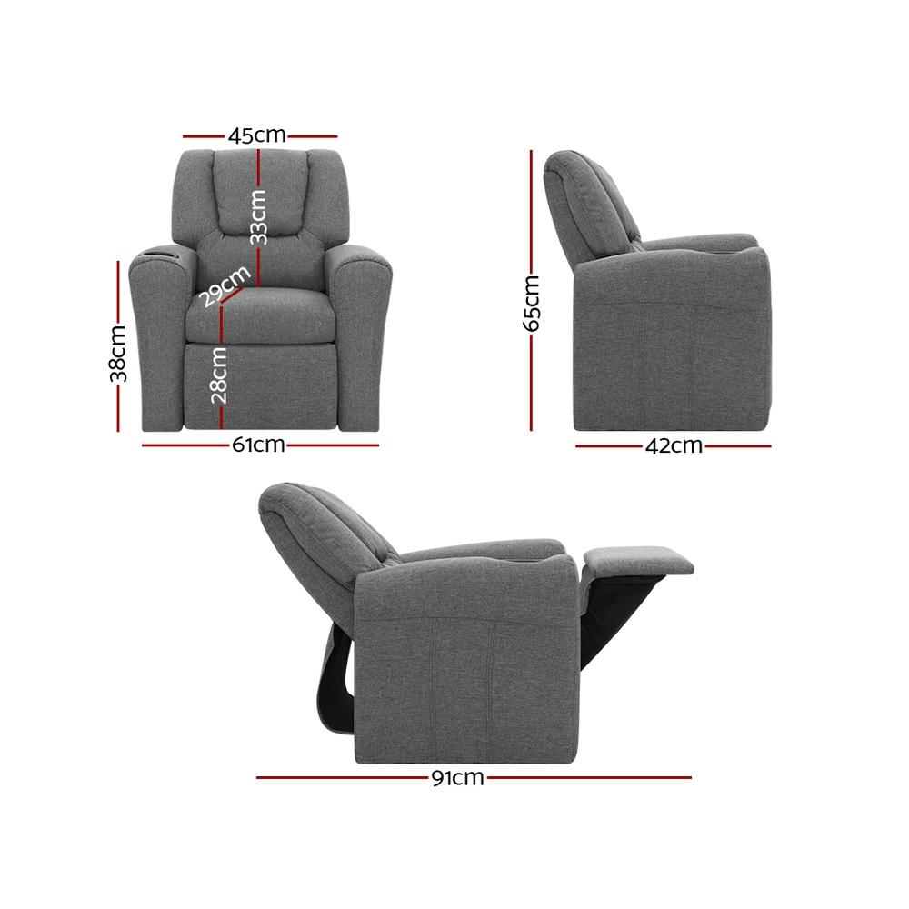 Keezi Kids Recliner Chair in Grey Linen with plush cushioning and built-in cup holder, designed for children's comfort and safety.