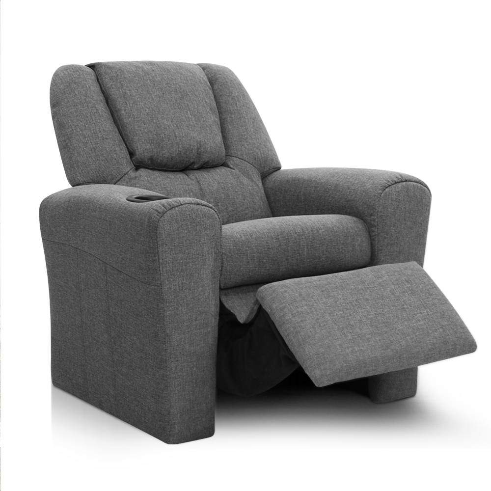 Keezi Kids Recliner Chair in Grey Linen with plush cushioning and built-in cup holder, designed for children's comfort and safety.