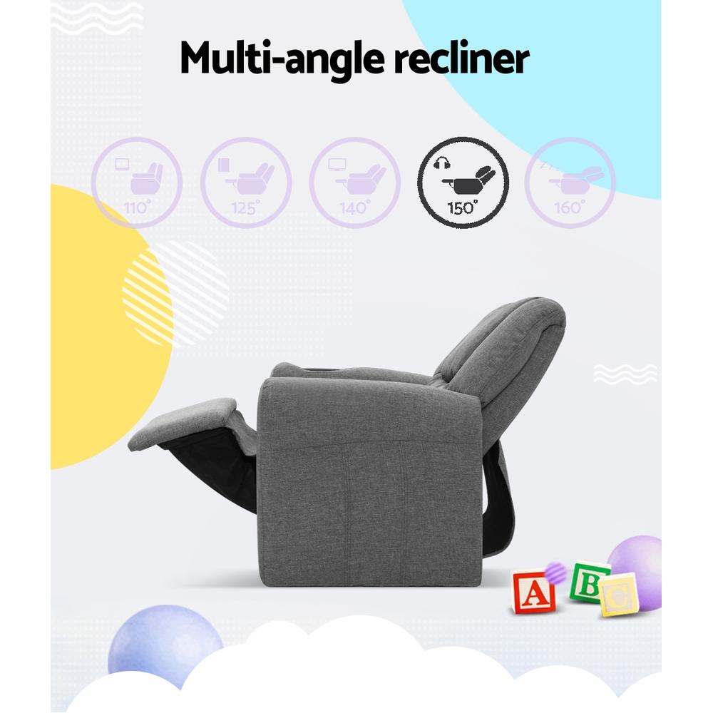 Keezi Kids Recliner Chair in Grey Linen with plush cushioning and built-in cup holder, designed for children's comfort and safety.