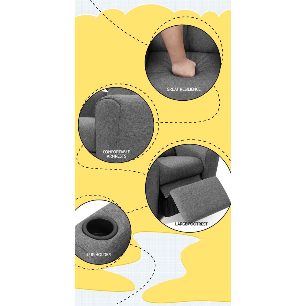 Keezi Kids Recliner Chair in Grey Linen with plush cushioning and built-in cup holder, designed for children's comfort and safety.