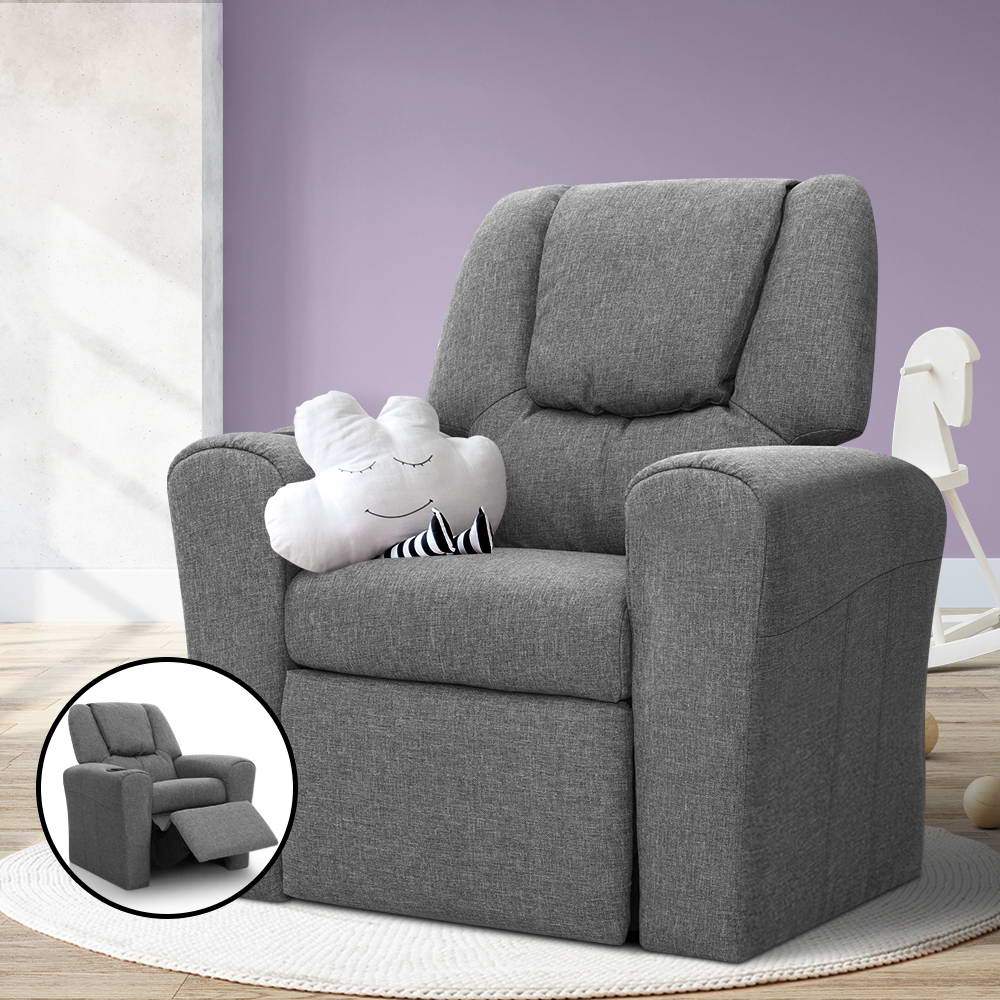 Keezi Kids Recliner Chair in Grey Linen with plush cushioning and built-in cup holder, designed for children's comfort and safety.