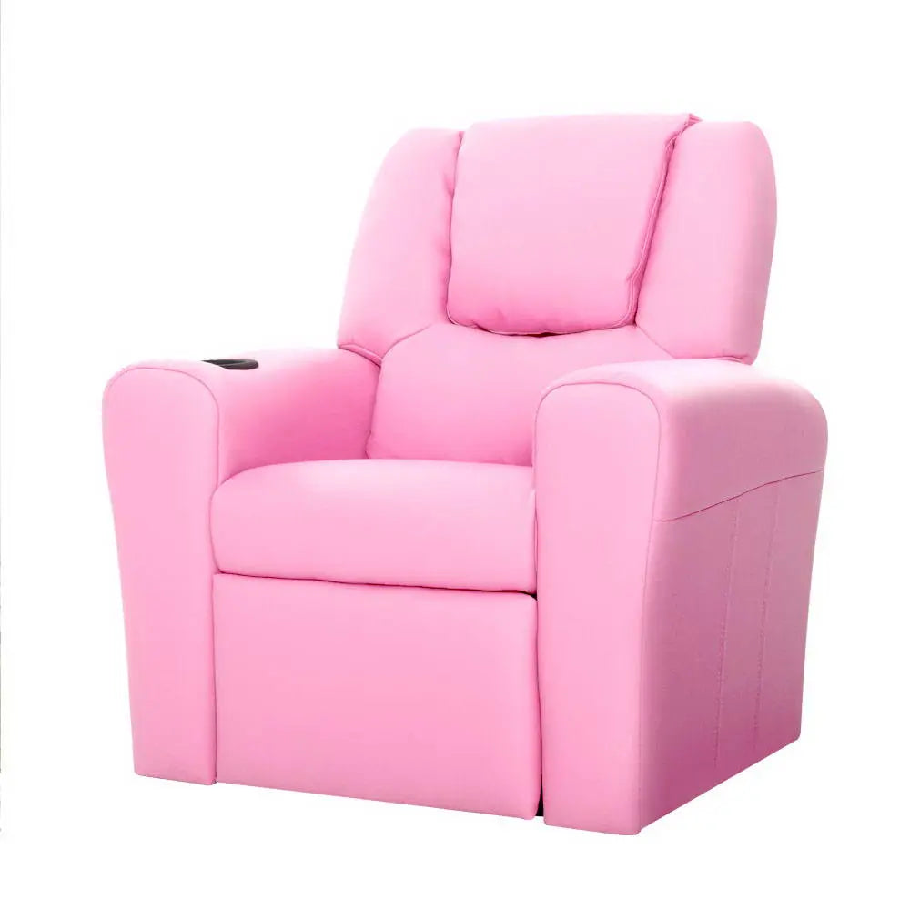 Keezi Kids Recliner Chair in pink PU leather with plush cushioning and built-in cup holder, designed for children's comfort and relaxation.