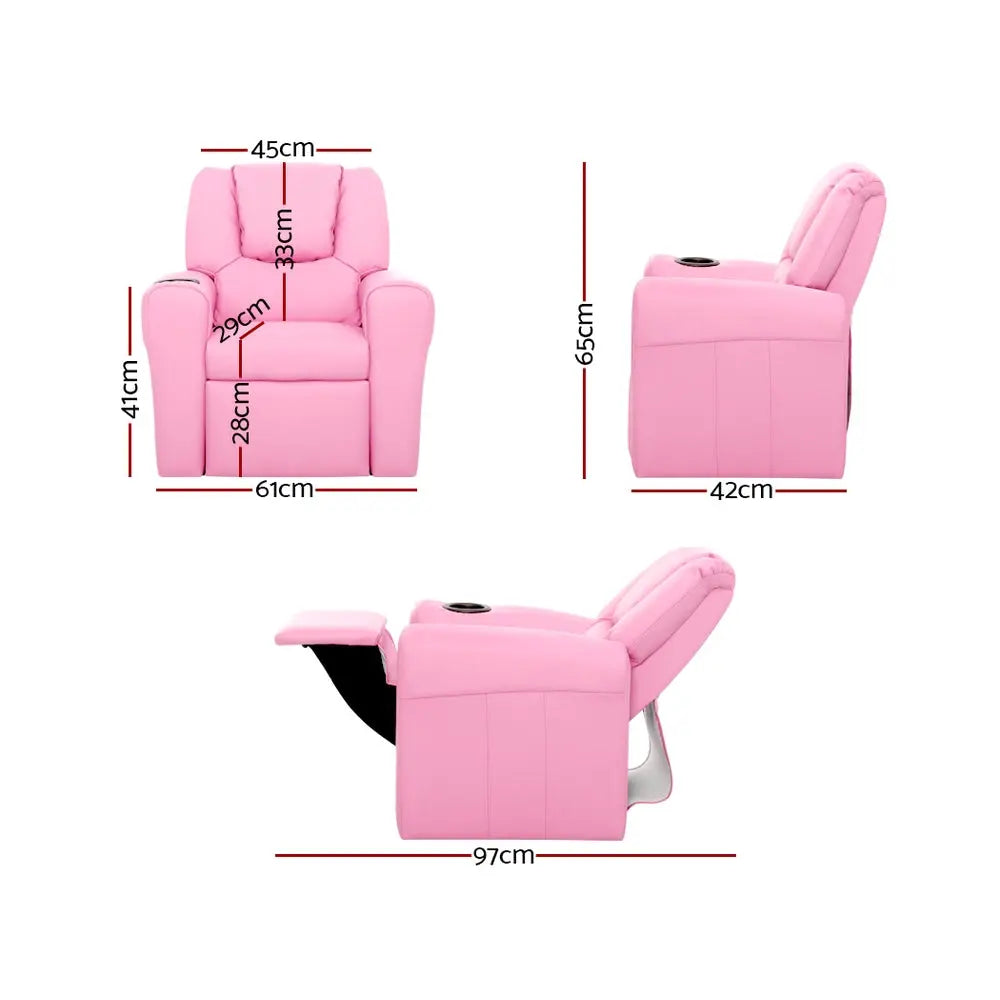 Keezi Kids Recliner Chair in pink PU leather with plush cushioning and built-in cup holder, designed for children's comfort and relaxation.