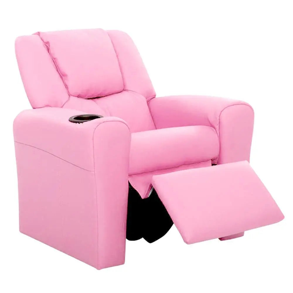 Keezi Kids Recliner Chair in pink PU leather with plush cushioning and built-in cup holder, designed for children's comfort and relaxation.