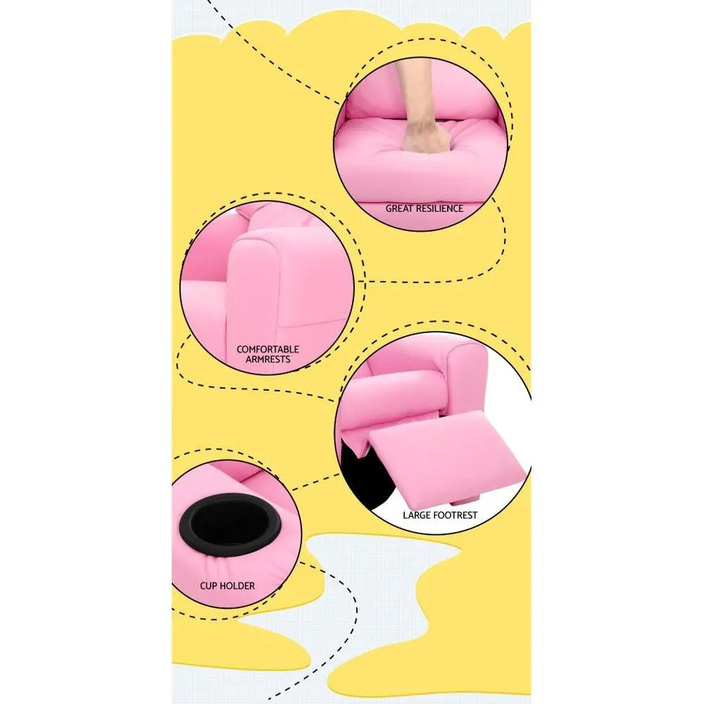 Keezi Kids Recliner Chair in pink PU leather with plush cushioning and built-in cup holder, designed for children's comfort and relaxation.