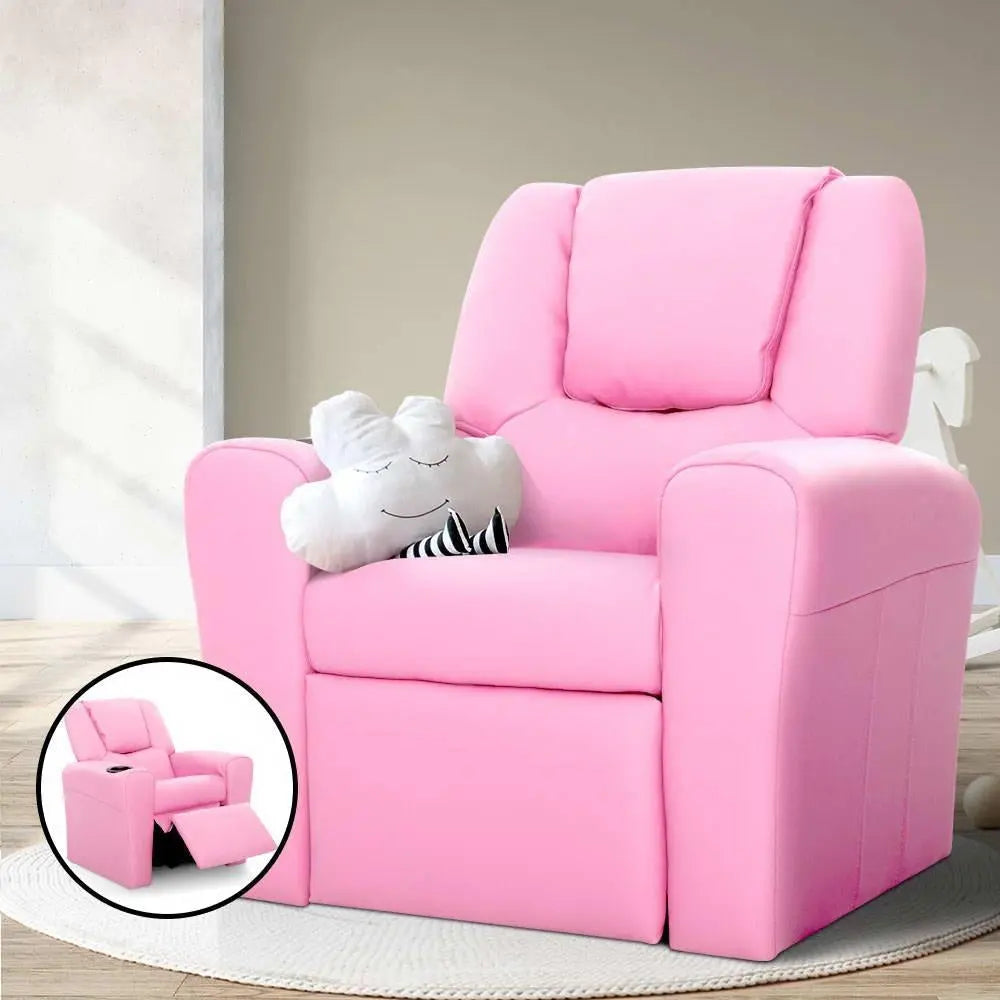 Keezi Kids Recliner Chair in pink PU leather with plush cushioning and built-in cup holder, designed for children's comfort and relaxation.