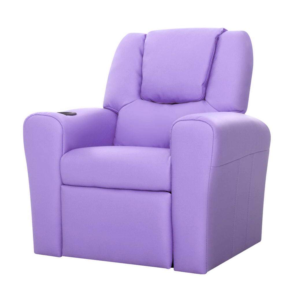 Keezi Kids Recliner Chair in purple PU leather with plush cushioning and built-in cup holder, designed for children's comfort and relaxation.