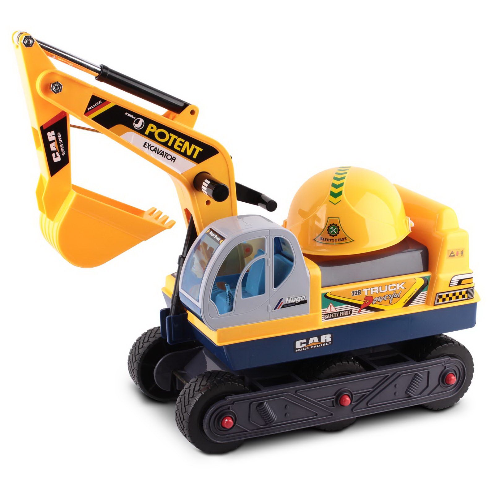 Keezi Kids Ride On Excavator in bright yellow, featuring a working excavator arm and anti-slip tyres, perfect for outdoor play.