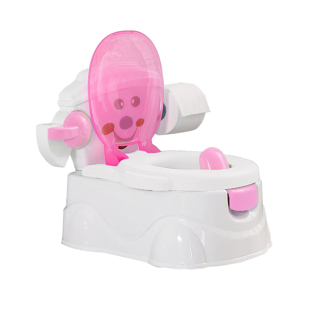 Kids Potty Seat Trainer in pink color, featuring a removable bucket, retractable tissue holder, and splash guard for boys.