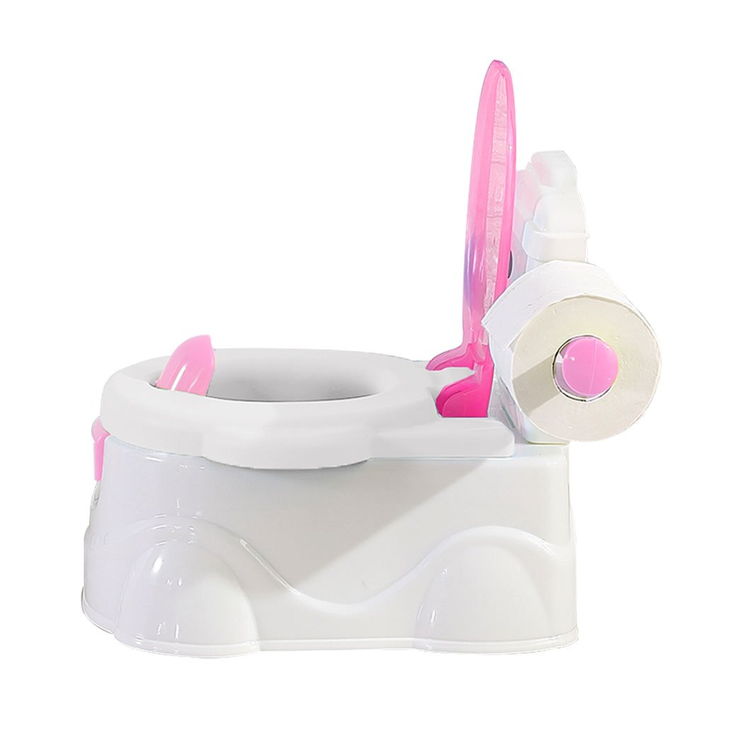 Kids Potty Seat Trainer in pink color, featuring a removable bucket, retractable tissue holder, and splash guard for boys.